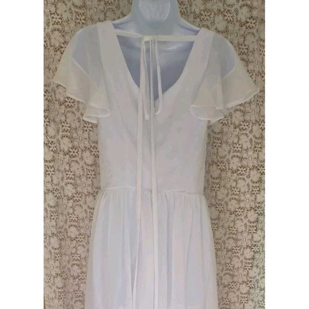 White Chiffon Maxi Dress 14 Flutter Sleeve Back Zip & Tie Lined Angelcore NWT